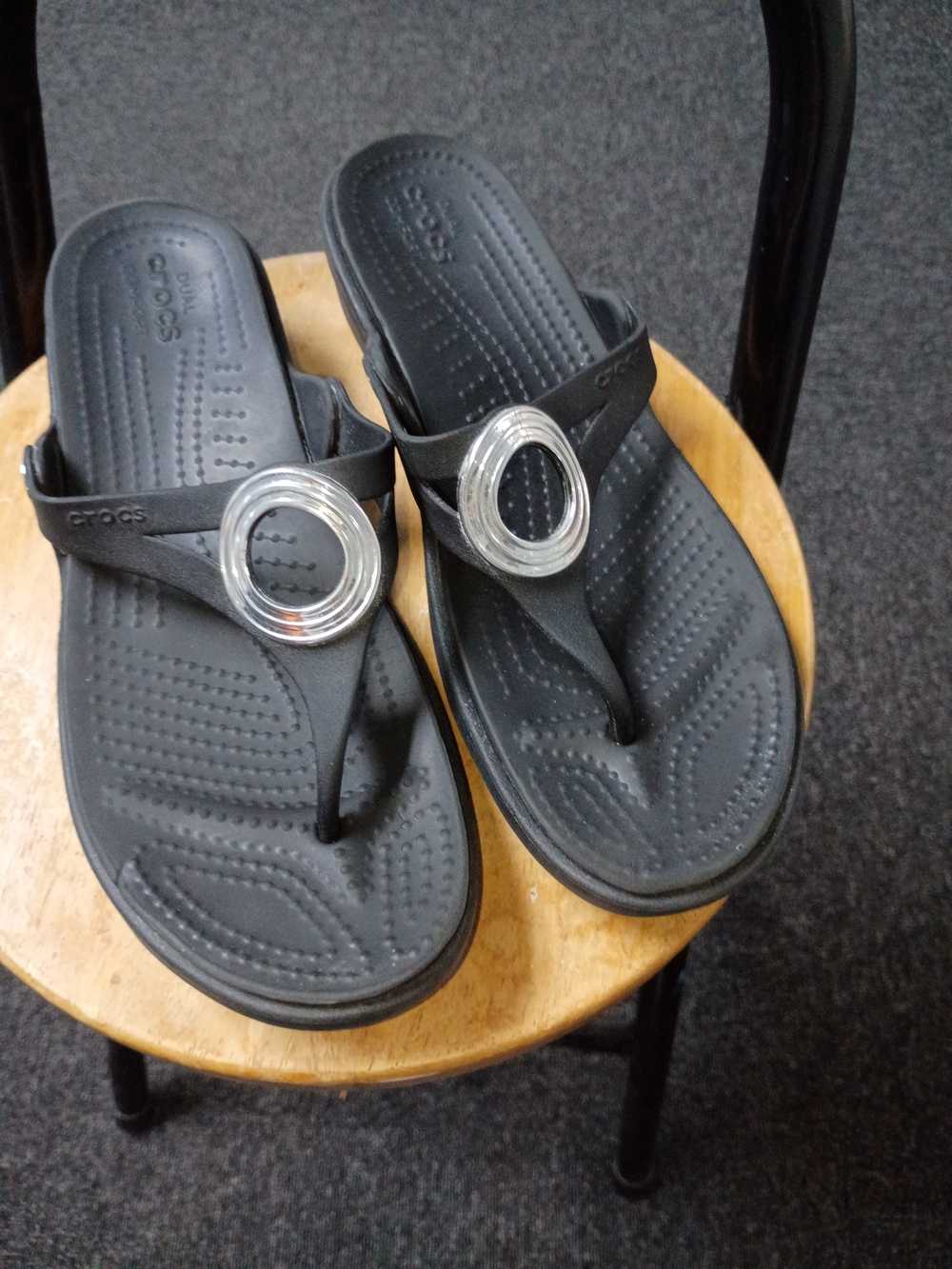 CROCS Black Thong Sandals with Silver Ring Accent